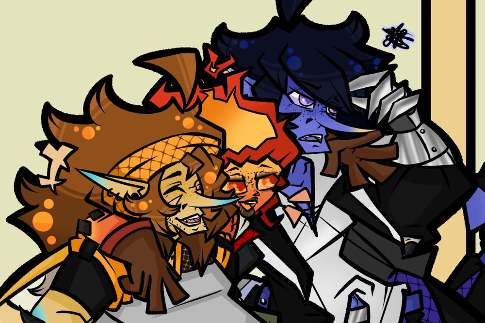 a very old pic of Thorn, Ember and Thyme
Ember is asking SOMETHING making Thyme look annoyed while pinching his brow with his metal hand