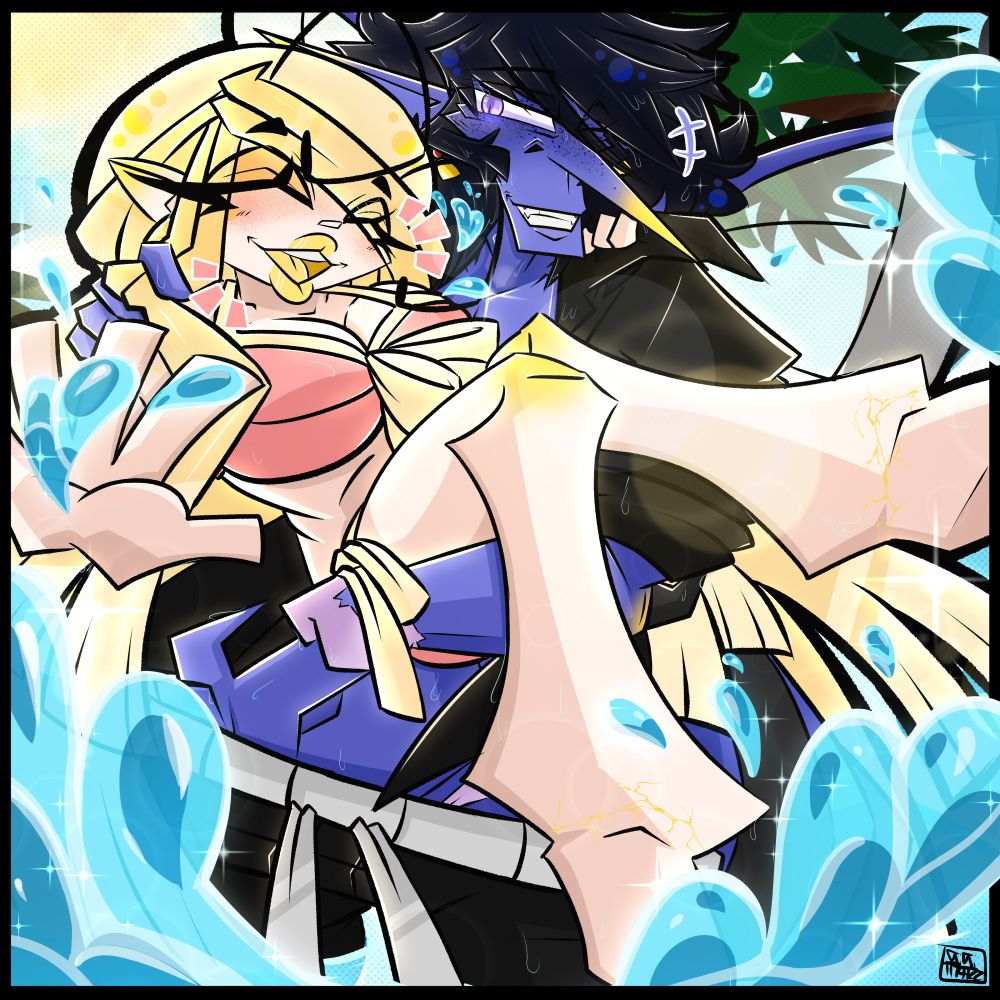 Thyme bridal carrying Topaz in the water, both are in swimwear smiling/laughing, suns behind them and its a beautiful summer day. they are enjoying their non canon beach episode