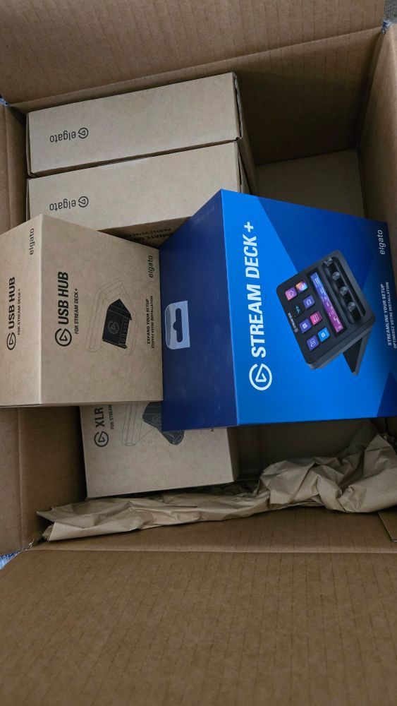 A box of elgato gear including streamdeck+
