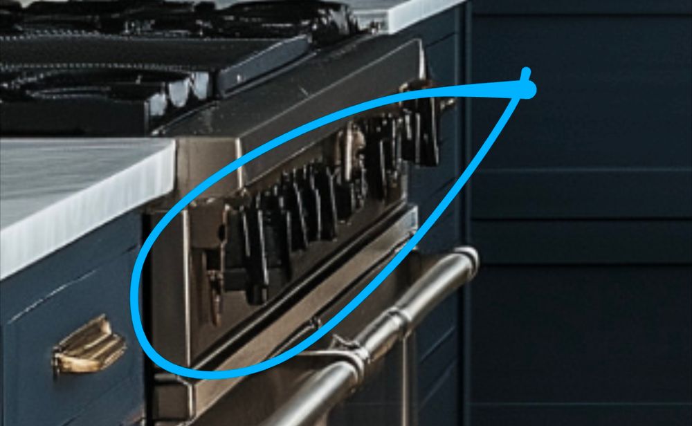 Ai generated pictures of a kitchen. There is a stove with multiple handles.