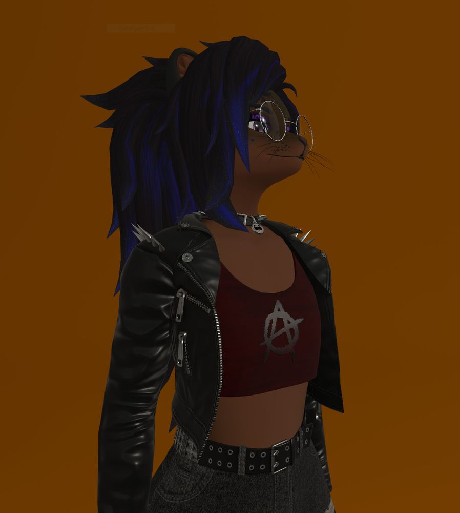 An anthropomorphic cat in a leather jacket and crop top looking into the distance slightly toward the viewer.