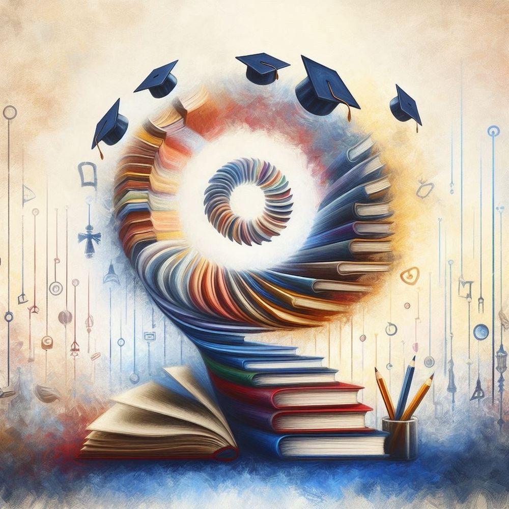 Ein Wirbel aus Büchern Symbolbild für Bildung mit KI erstellt.