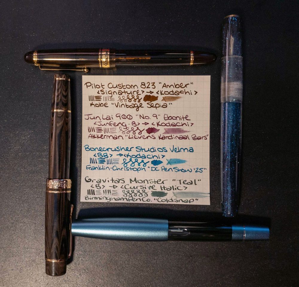 Four fountain pens surrounding a note. The note has writing on it what was written by each of the fountain pens surrounding it.
The writing it to show off the nib grinds on each fountain pen.