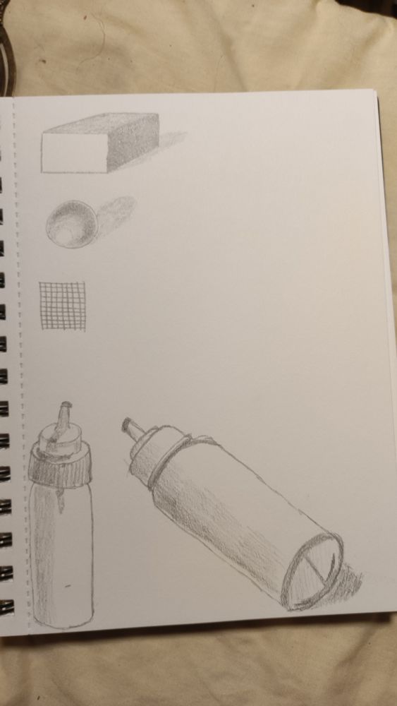 A photo of pencil drawings of a cuboid, sphere, grid of lines, and a glue bottle standing up and lying down.