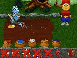 Capture d'écran d'Adibou 2 avec le robot qui arrose le jardin