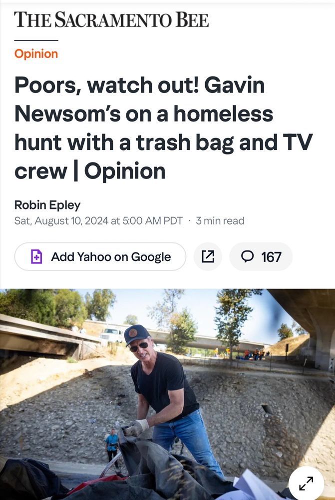 Gavin Newsom in the wild personally throwing the homeless people’s belongings