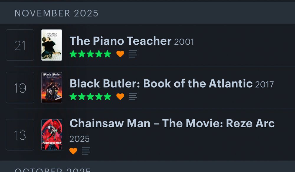 letterboxd diary listing for november 2025. 11/13: chainsaw man the movie (given a heart). 11/19: black butler: book of the atlantic (5 stars and a heart). 11/21: the piano teacher (5 stars and a heart)