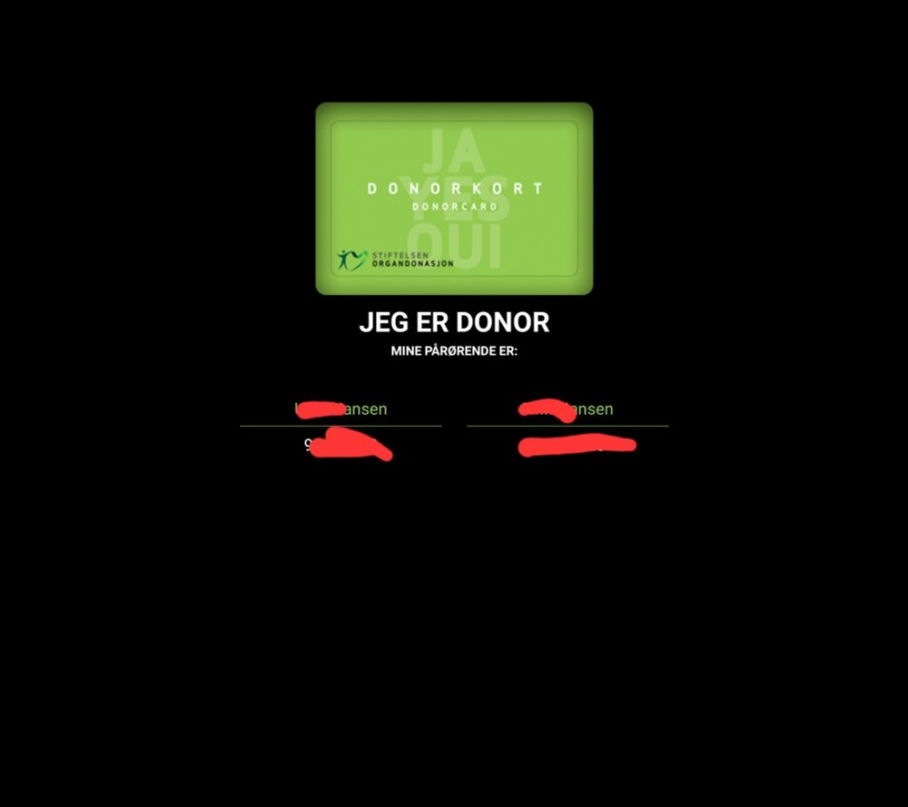 Skjermbilde av min låseskjerm, som er donorkort for organdonor