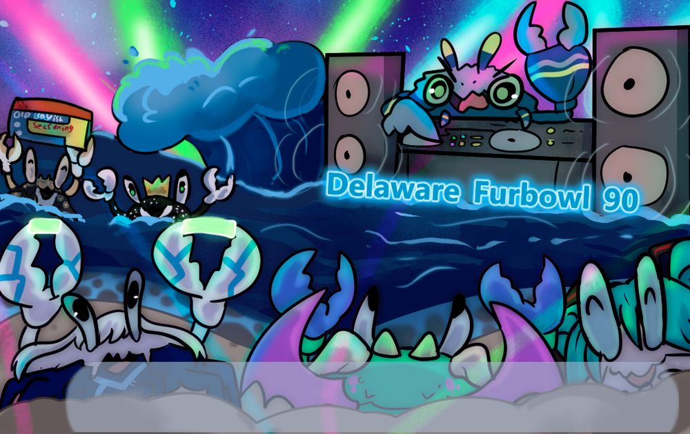 [Image ID: An image of the badge for the next Furbowl. There are cartoon crabs dancing at a rave. The text reads "Delaware Furbowl 90." End ID]