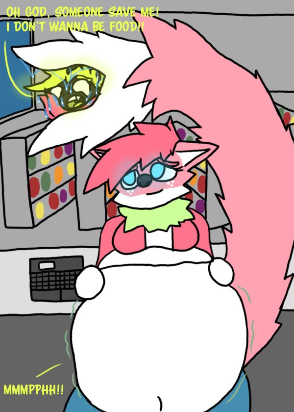 Firefly holding her full gut as phantom screams from within. Firefly's tail maw is swallowing Spectra, as she screams out "Oh god, someone save me! I don't wanna be food!!"