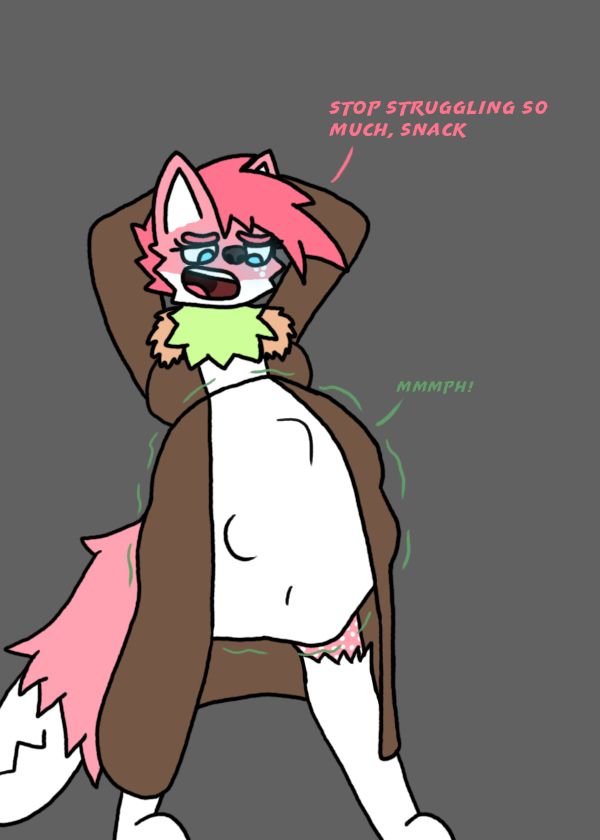 Firefly with her hands behind her head, wearing a long coat with someone in her gut. Firefly says "Stop struggling so much, snack"