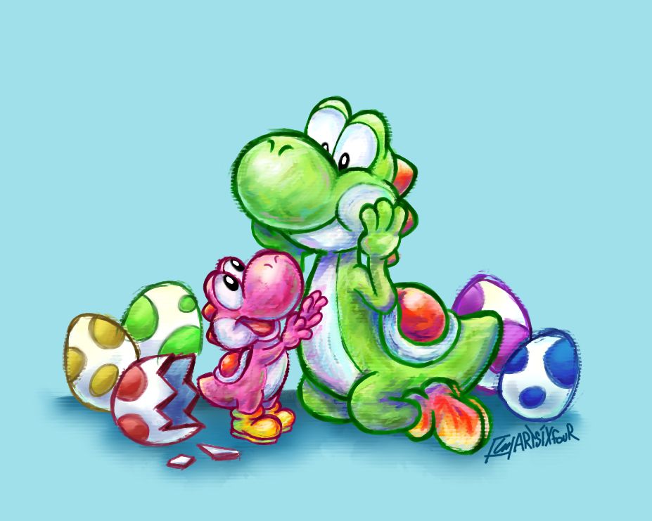 a drawing of two yoshi in a painterly style.
a pink baby yoshi, freshly hatched, reaching up for the other yoshi. And a Green adult yoshi, looking lovingly and proud at their child.

They are sorrounded by colourful yoshi eggs