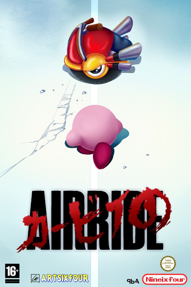 An illustration of Kirby walking towards a red one wheeled motorbike. The illustration refrences an Akira Poster. There is a logo saying AIRRIDE in bold black text. white and lightblue soft gradient background