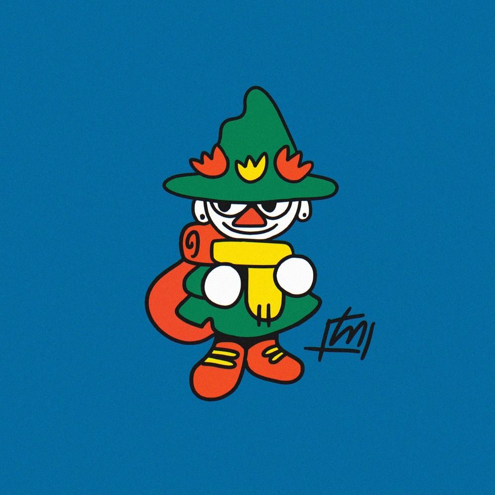 Snufkin "aka Snusmumriken" from Moomin by Tove Jansson Drawn in a simple style with primary colours, similar to Miffy "aka Nijntje" By Dick Bruna