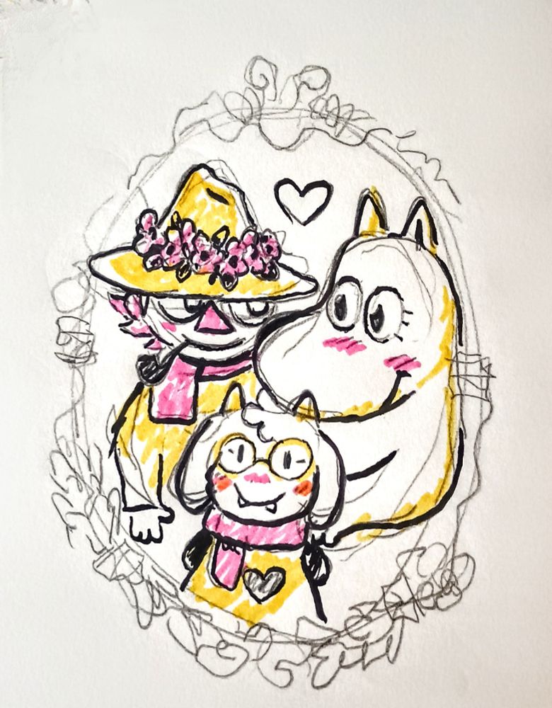 Drawing of a family portrait of Snufkin,Moomin and their son Ralsei 
