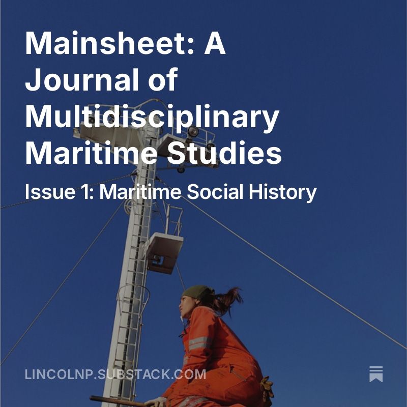 A woman seafarer in high-visibility orange apparently riding a broomstick with a freighter's white mast and a bright blue sky in the background. Photograph from a review of Mainsheet: A Journal of Multidisciplinary Maritime Studies.