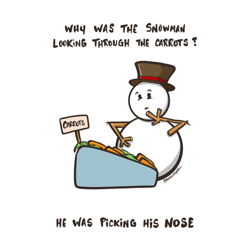 Illustration of a snowman looking at a display of carrots with a thoughtful expression.