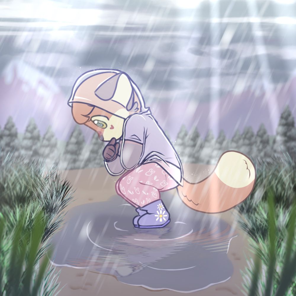 An illustration of a baby anthro fox. It's raining, and she's looking in a puddle, seeing her reflection. She's wearing a transparent raincoat, purple shirt, pink leggings, and purple boots.
