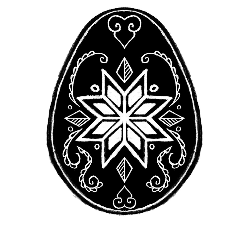 Black and white 2d linocut stylized depiction of a Ukrainian Easter egg  