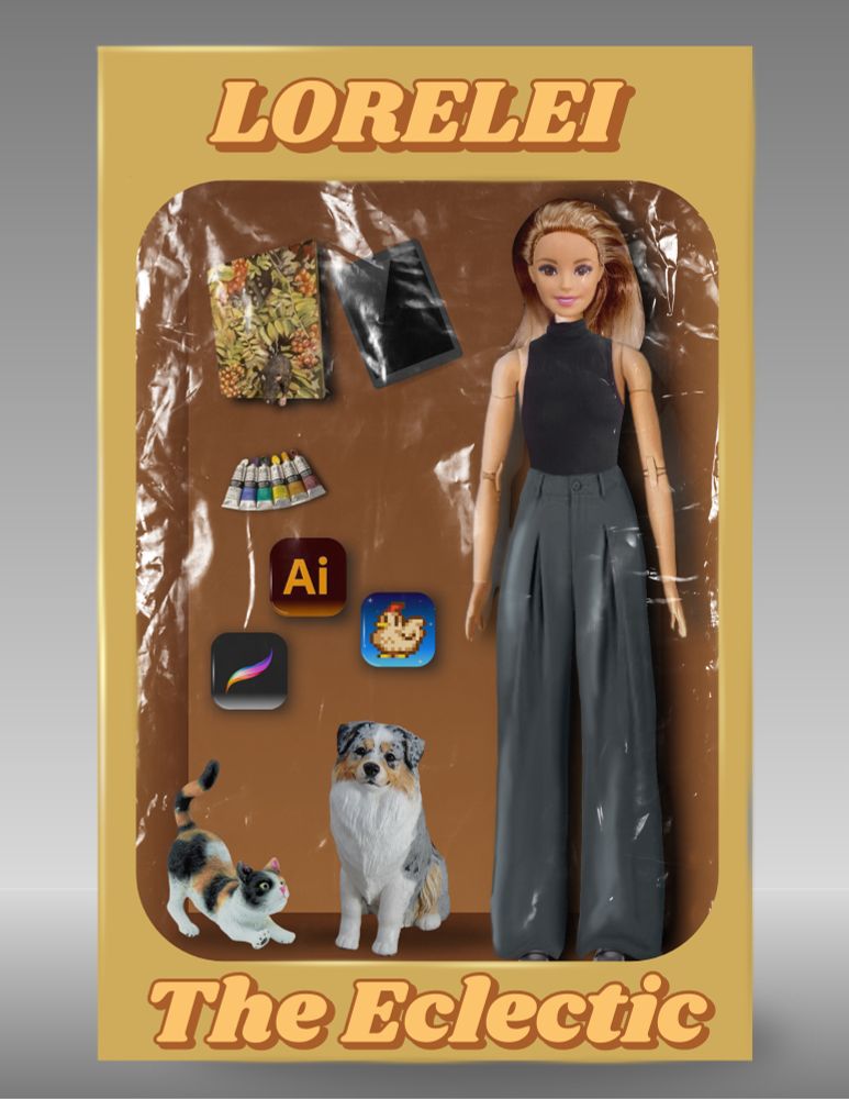 A graphic of a doll in a box wearing gray wide leg pants and a black sleeveless turtle neck. Beside the doll there is an iPad, a painting with a statue of a rat coming out, oil paints, icons for the apps procreate, adobe illustrator and Stardew valley, a figurine of a calico cat and a mini Aussie dog. The dolls box is yellow with text that says “Lorelei” at the top and “the eclectic” at the bottom!