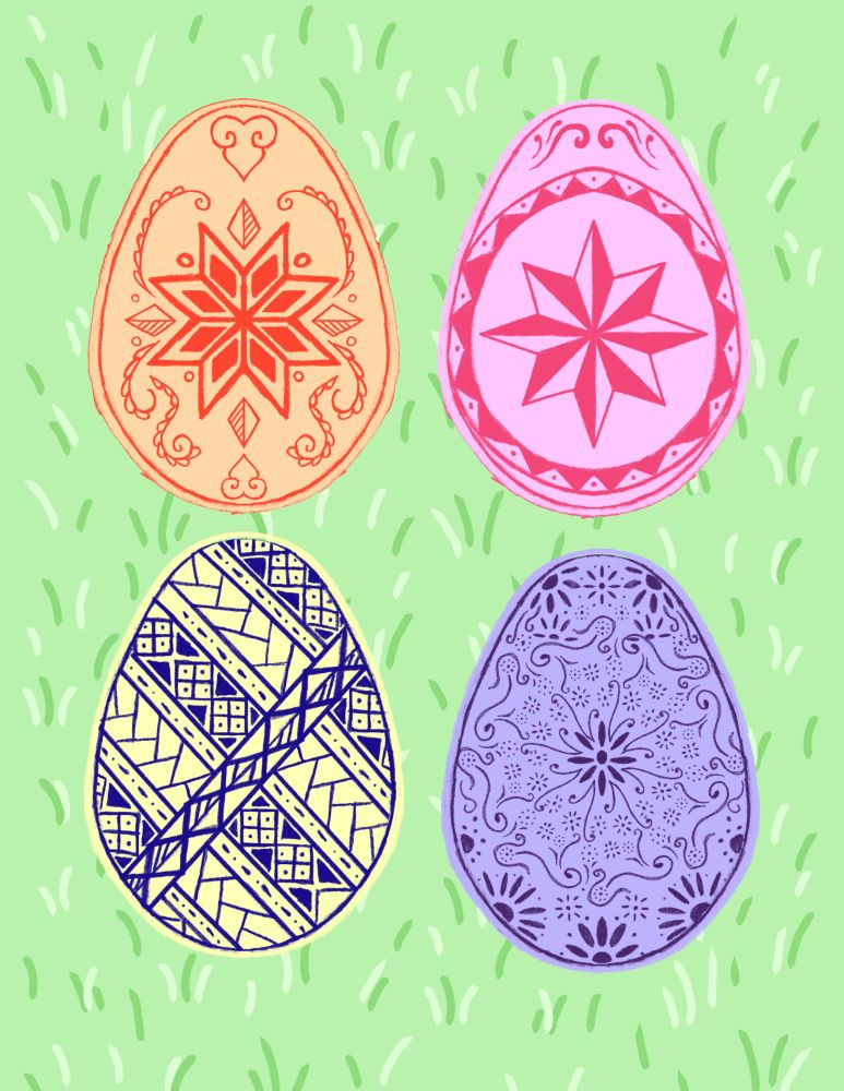 Four simple two colored linocut, stylized depictions of Ukrainian Easter, eggs, on a simple green grass background