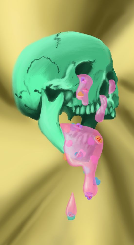 Digital drawing of a turquoise skull with pink slime and candy hearts coming out of its mouth on top of a muted yellow swirl background.