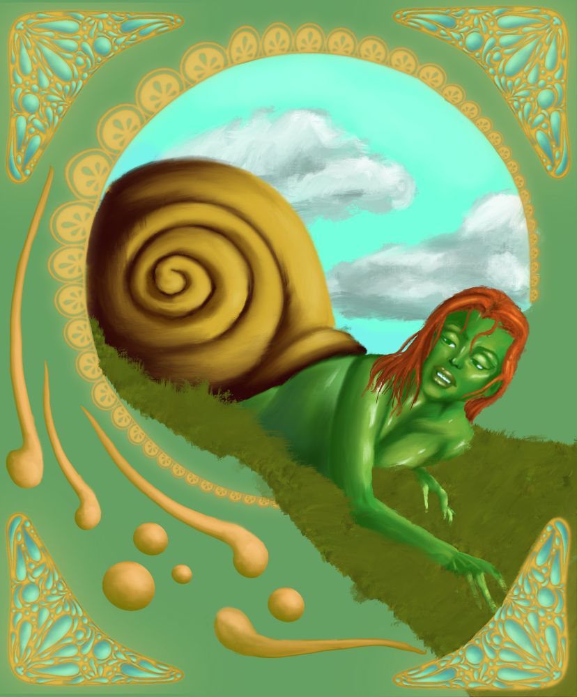 A green woman with red hair emerges from a snail shell onto a patch of grass. There is a sky in a circle behind her in the corners of the drawing is an intricate blue stone pattern set in gold. The circle scene with the snail woman is embroidered with a gold pattern, and below it are some abstract golden blob shapes.