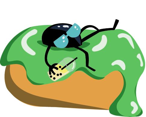 An anthropomorphic boba drinking bubble tea while chilling in a donut and wearing sunglasses. The donut has drippy green frosting.