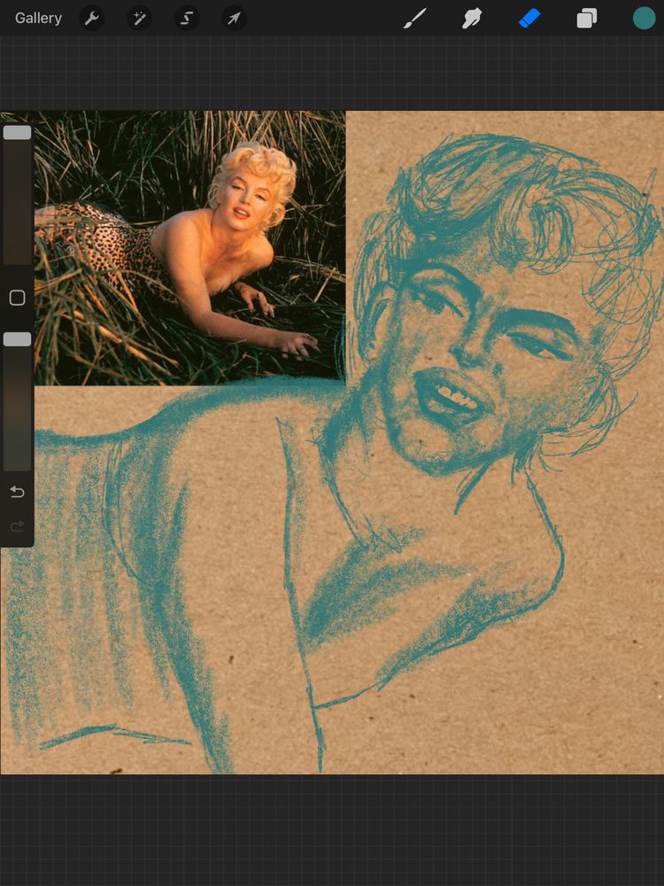 A screen shot of a drawing in procreate of Marilyn Monroe done in a teal pencils texture on top of a picture of brown toned paper with a cropped image of her in the corner. Marilyn Monroe is laying down in the grass, it is a picture by Eve Arnold