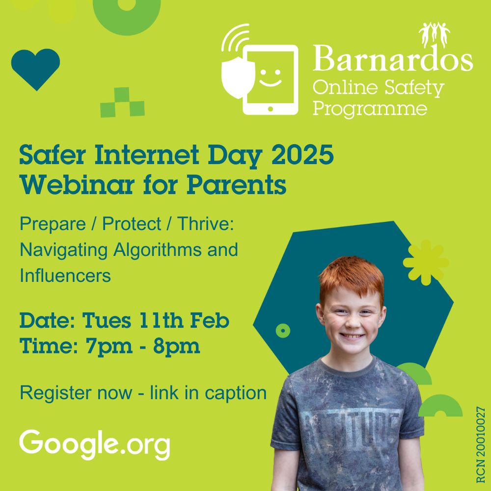 Barnardos Online Safety Programme logo on the top right hand side of the image. Online Safety Webinar for Parents, get practical advice on helping your child with their experiences online. Date: Tues 11th Feb. Time: 7pm - 8pm. Register now - link in caption. Google.org logo at the footer. Smiling teenager with red hair on a lime green background