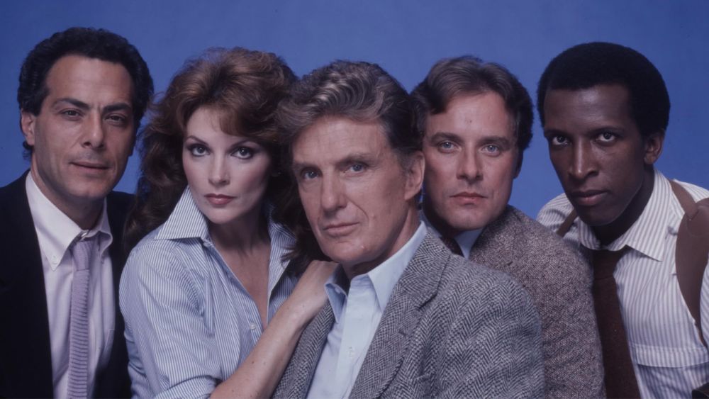Left to right: Richard Romanus, Trisha Noble, Robert Stack, Michael  Goodwin, and birthday boy Dorian Harewood in a promotional still from ABC's 1981-82 crime drama STRIKE FORCE.