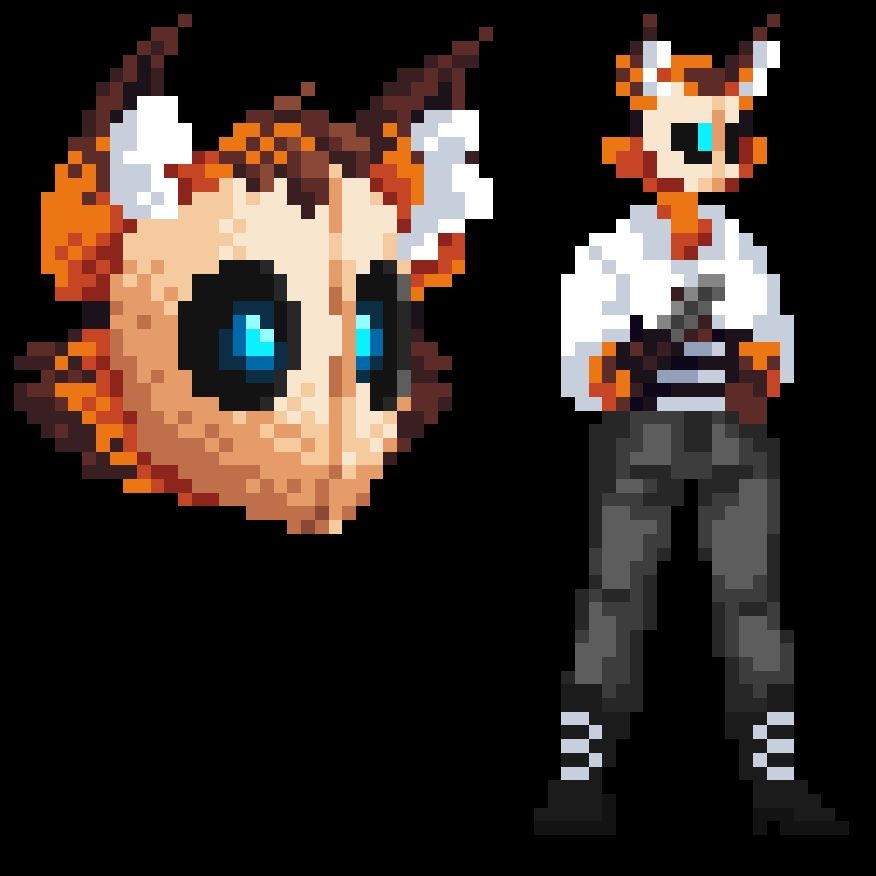 Some sprites of Cleo. Cleo is an orange and brown, foxlike woman. She wears an off-white mask that covers her whole face, and has glowing blue eyes. On the left is a headshot of Cleo, and on the left is a full-body sprite of her. She stands with the left arm bent across her chest and the right hand on her hip. She wears a white button-up shirt with the sleeves rolled up, a black corset, gray pants, and black heeled boots. On the left forearm, she has a retractable armblade attached to it.