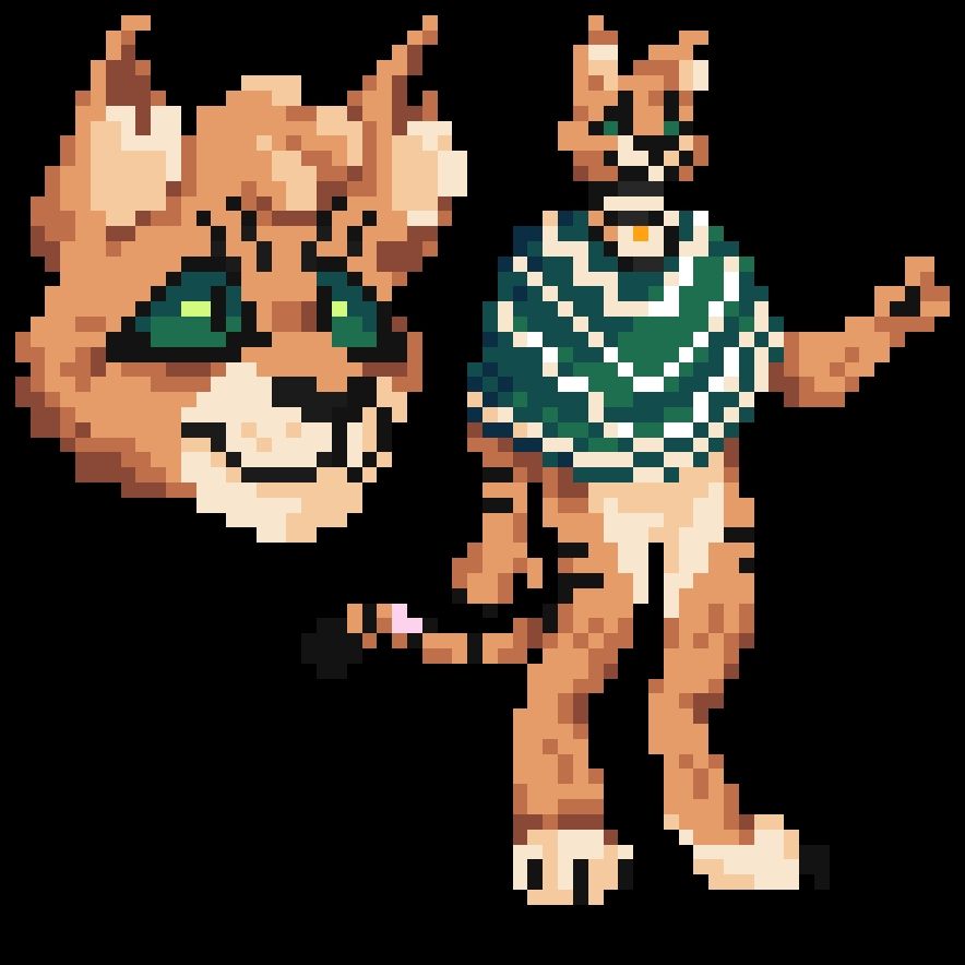 Pixel art of Vale, a sand cat tabaxi. On the top left is a headshot of Vale. She has tan fur with black stripes on his forehead. His nose is also black, and he has black markings around her eyes resembling eyeliner. Around her mouth, she has a cream colored patch. She has a fully tuft of fur on top of his head, and cream tufts of fur in her ears. 
On the right is a full-body sprite of Vale. His stomach and feet are cream colored. He has black stripes on her arms, legs, and tail. Her tail has a scar near the end, and is bent where the scar is. She has one arm hanging at his side, and the other held bent up at shoulder level.
She is wearing a green poncho with white stripes, and various black and gold necklaces.
