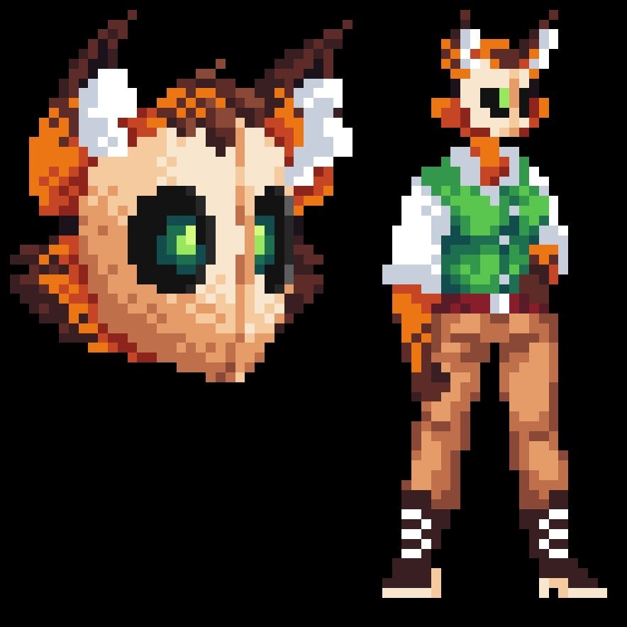 Some sprites of Cleo. Cleo is an orange and brown, foxlike woman. She wears an off-white mask that covers her whole face, and has glowing green eyes. On the left is a headshot of Cleo, and on the left is a full-body sprite of her. She stands with the left arm hanging down and the right hand on her hip.
She wears a green vest, a white button-up shirt with the sleeves rolled up, a reddish-brown belt, tan pants, and brown heeled boots.