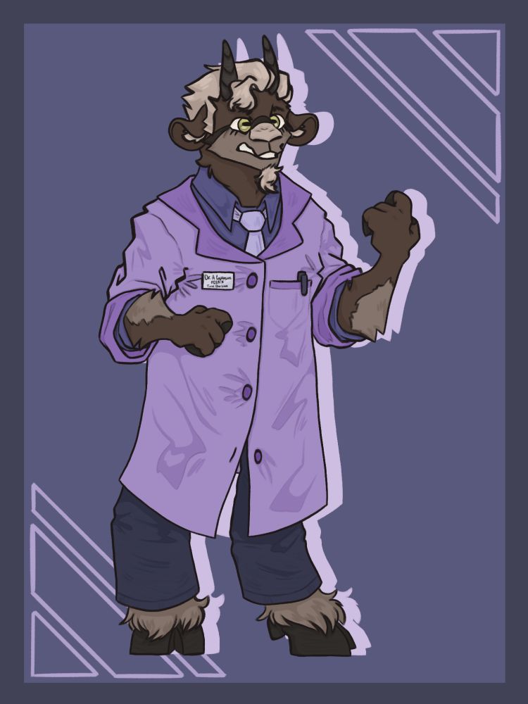 A full-body drawing of Dr. Aries Caprasius. He is a short, dark brown anthro goat with lighter brown markings around his mouth, on his arms, and on him legs. He has a cream spot on his nose, and a cream colored goatee and hair. His hooves and horns are brown-gray. He has light green eyes. He has an irritated expression on his face.
He has one arm held bent up in a fist, and another resting bent just below his chest, also in a fist.
He wears a lavender lab coat with a dark purple button-up shirt and a pale purple tie underneath. He has a pen in his lab coat pocket and a name tag that reads: 'Dr. A Caprasius, FEER-X Time Division'. He wears dark blue jeans.
He is against a dark, dull purple background.