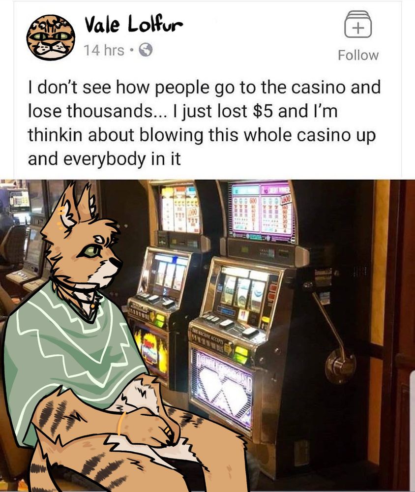 A drawing of Vale, a sand cat tabaxi, over a post. The post is edited to look as if it is posted by Vale Lolfur.
Vale has sandy tan fur with dark brown stripes on her arms, legs, and tail and a cream colored underbelly. He has a big, black nose; green eyes; and big ears. He is wearing three black necklaces, one with a golden charm hanging from it; a pale sage green poncho with lighter green stripes and zigzags embroidered into it; a gold bracelet and a gold ring, both on her left arm.
Vale is sitting in a chair in a casino with slot machines in the background. He has a pissed expression on her face. The post reads "I don't see how people go to the casino and lose thousands... I just lost $5 and I'm thinkin about blowing this whole casino up and everybody in it."