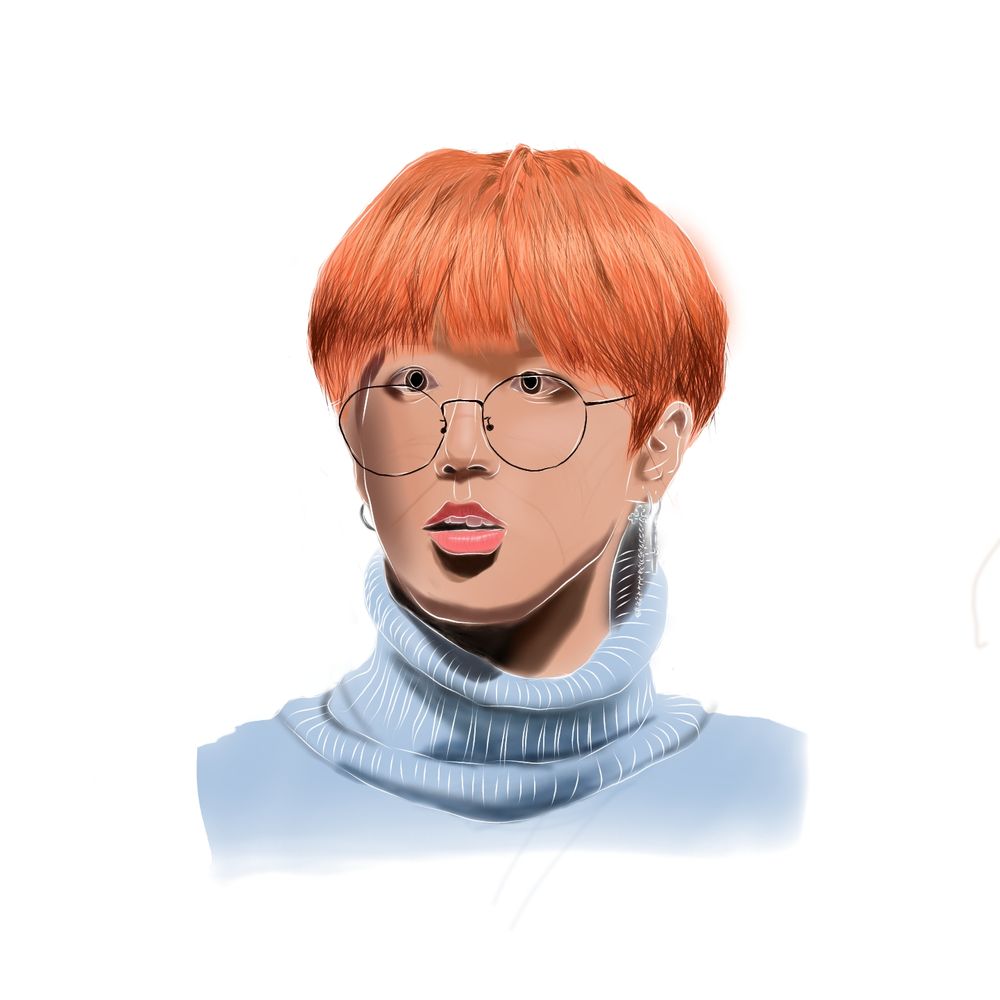 fanart do jisung do stray kids, ele está com o cabelo laranja, blusa de frio azul e um óculos de armação preta fina. o desenho tem uma lineart branca fina e torta, e toda a pintura é feita com um airbrush