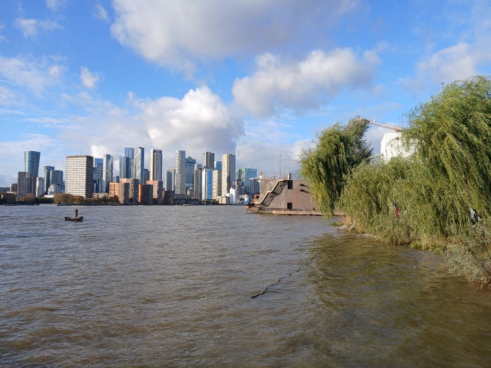 High tide and view of Canary Wharf