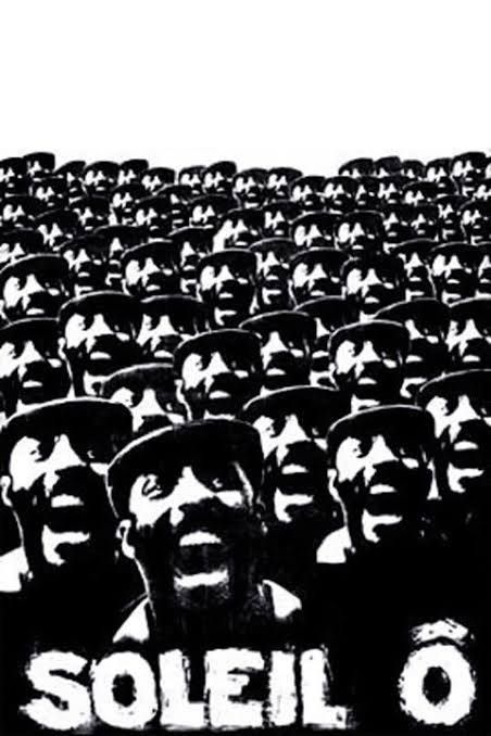 Movie poster for Soleil Ô (1970) featuring a shouting man's face repeated endlessly to look like a crowd of clones.