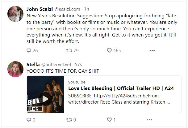 One post saying you can't experience everything when it's new, just get to it when you get to it. This is followed immediately by a call for "GAY SHIT"