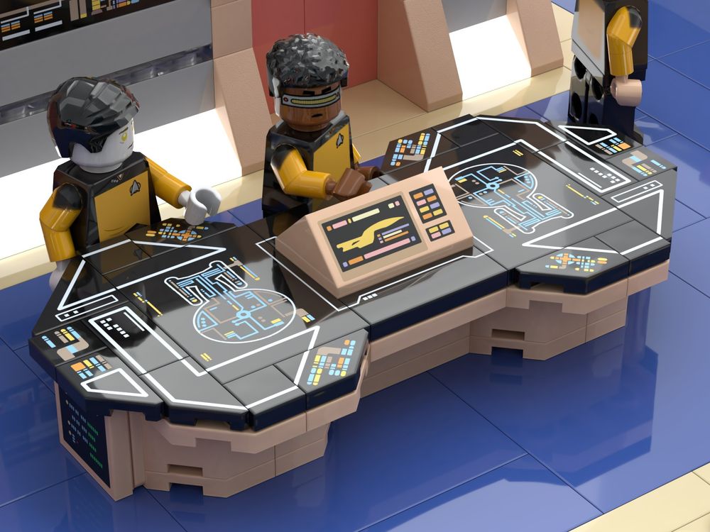an overhead view 3D lego rendering of Data and Geordi standing behind the engineering "pool table"