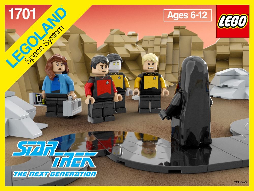 3D lego render of the 1988 Star Trek crew encountering Armus, a tar monster. Rendering in the style of a late 80s Lego box.