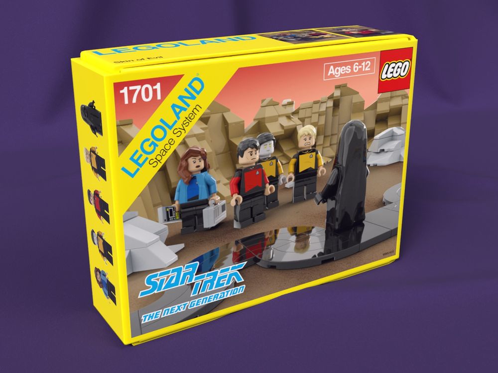 3D lego render imagining what a Star Trek themed lego box would look like in 1988.