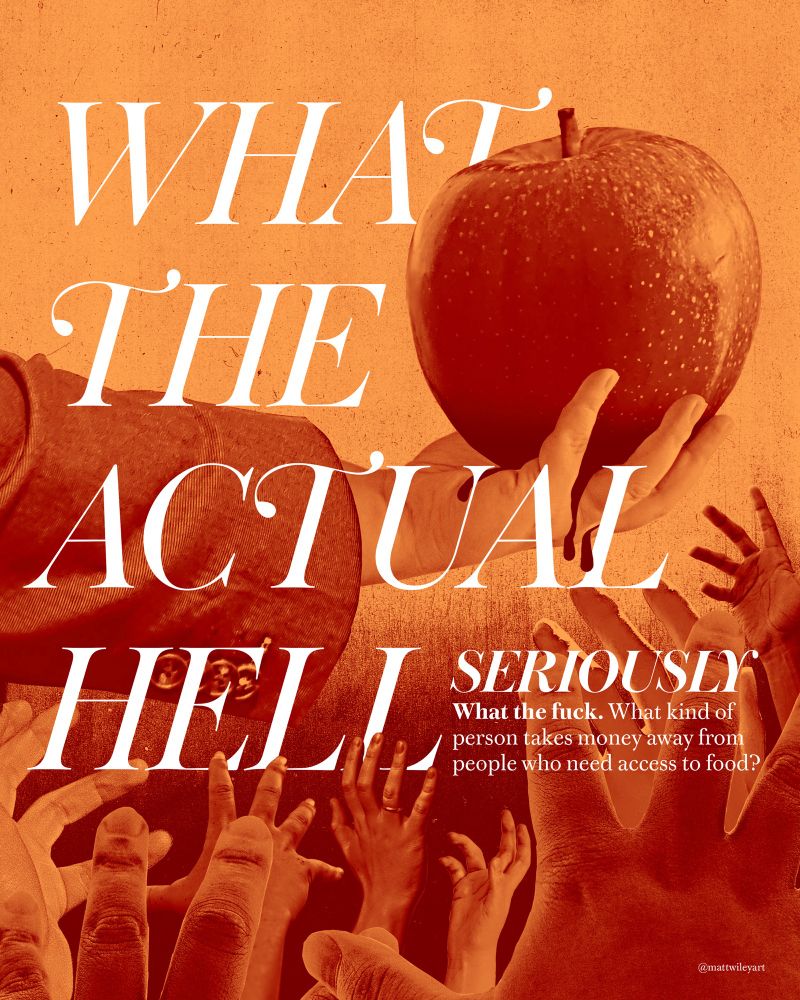 A duotone gig poster featuring a baby’s hand sticking out of a large sleeve, stealing an apple from reaching hands. 