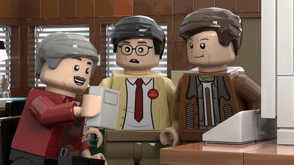 A Lego rendering of Scotty talking to a computer mouse as if it were a microphone