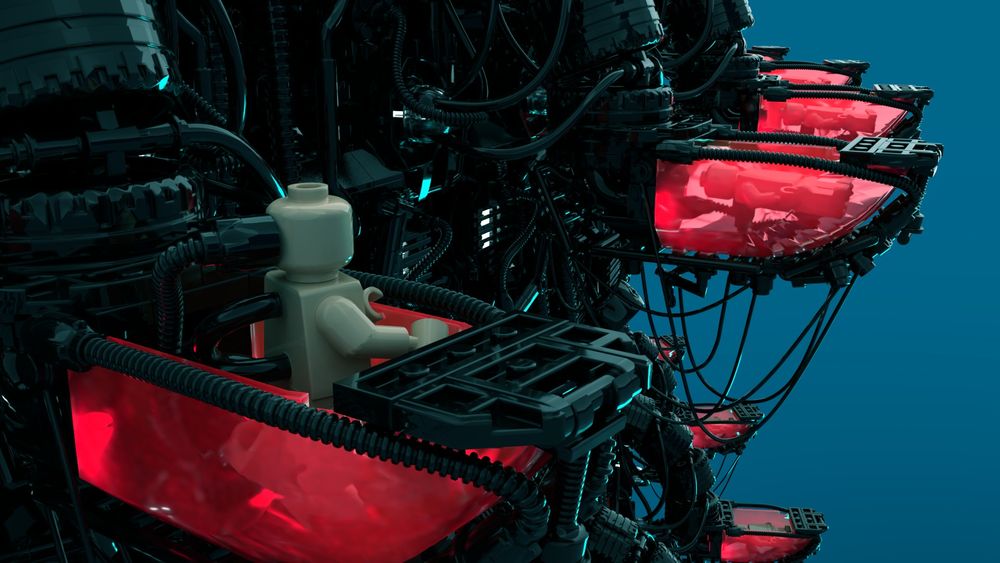 A shot from the Matrix recreated in Lego. Neo awakes from a red goo-filled pod to reveal thousands of people plugged into machines.