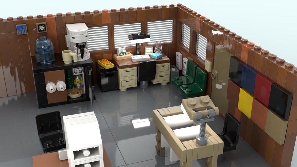 Lego rendering of the 80s office where the scene takes place at the glass factory