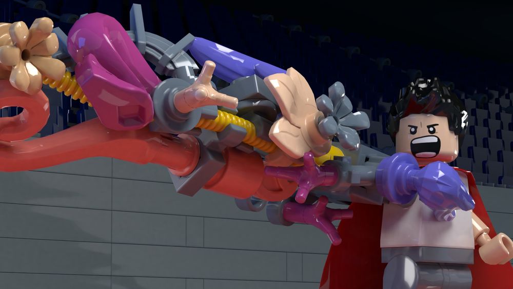 A 3D Lego render of a scene from the anime Akira where Tetsuo has a giant mutant arm.
