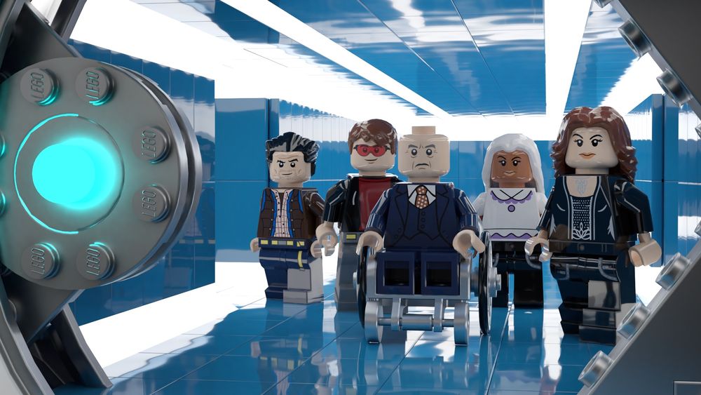 3D Lego rendering of the X-Men in their civilian clothes standing in the mansion basement hallway. 