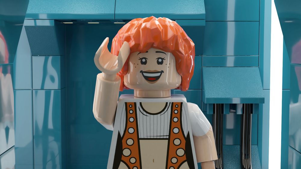 3D render of Leeloo standing in the hallway of Corbin's apartment, waving at the camera